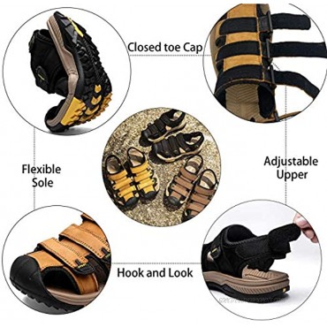 Men's Breathable Sandals Adjustable Closed Toe Leather Athletic Hand Stitching Shoes Outdoor Driving Fisherman Sandals for Summer Hiking Sports Business Walking Work Office