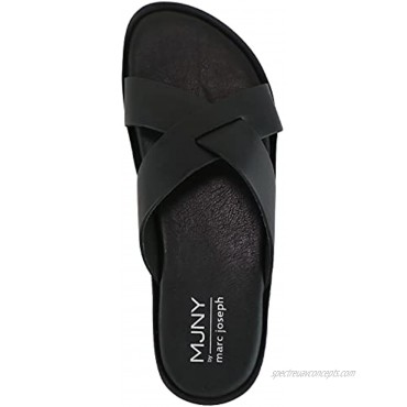 MARC JOSEPH NEW YORK Mens Casual Comfortable Lightweight Fashion Genuine Leather Slip on Criss Cross Slide Indoor and Outdoor Open Sandal Anti Slip Cushion Support Slipper