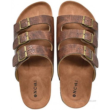 ONCAI Men’s Sandals,Classic Soft Leather Arizona Slides-Summer Cork Flat Florida Beach Slipper with Three Adjustable Buckle Strap Size 7-13