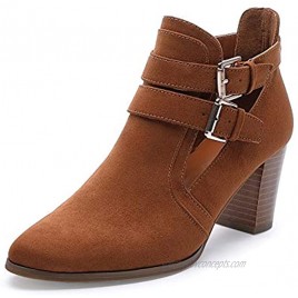 CentroPoint Women's Point Toe Low Chunky Heel Boots With Buckle Fashion V Cut Ladies Chelsea Ankle Booties