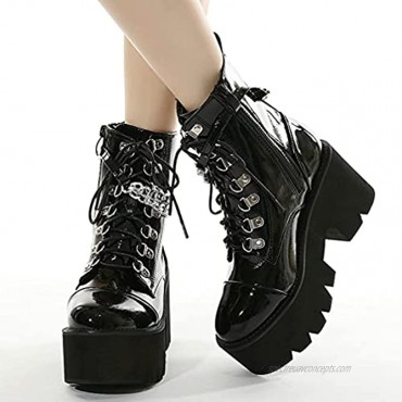 KOKOMOMO Womens Buckle Strappy Punk Goth Platform Wedge Combat Boots