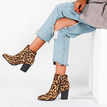 LIURUIJIA Women's Fashion Leopard Block High Heel Ankle Booties Pointed Toe Side Zipper Suede Short Boots Fall Winter Dress Shoes CJ19-DX804