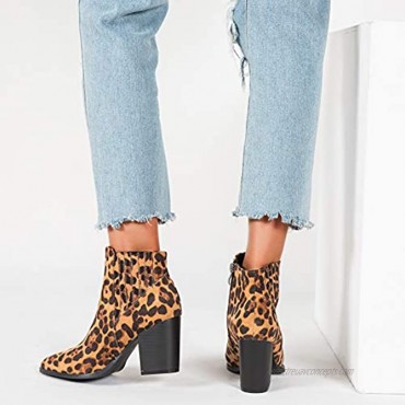 LIURUIJIA Women's Fashion Leopard Block High Heel Ankle Booties Pointed Toe Side Zipper Suede Short Boots Fall Winter Dress Shoes CJ19-DX804