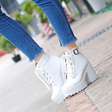 Women's Lace up Block Combat Boots Chunky Heel Winter Booties Round Toe Platform Ankle Boots with Buckle