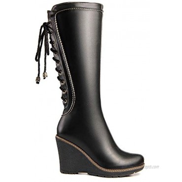 ANN CREEK 'Camux' Stitches Back Lace Mid-Calf Wedge Boots Black