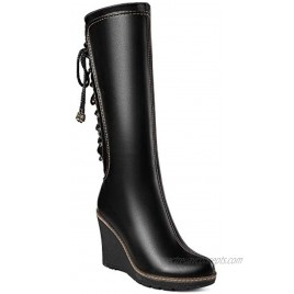 ANN CREEK 'Camux' Stitches Back Lace Mid-Calf Wedge Boots Black