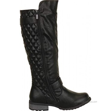 Cambridge Select Women's Round Toe Quilted Strappy Moto Low Heel Mid-Calf Boot