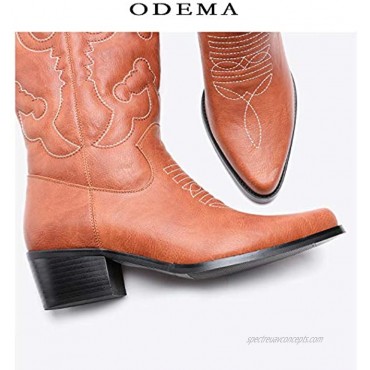 Odema Women's Velvet Cowboy Cowgirl Boots Chunky Heel Rodeo Boots Mid Shaft Country Boot