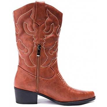 Odema Women's Velvet Cowboy Cowgirl Boots Chunky Heel Rodeo Boots Mid Shaft Country Boot