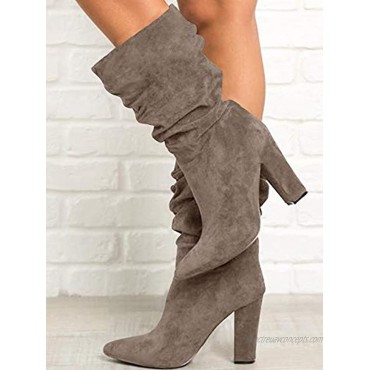 Womens Winter Slouchy High Heel Boots Mid Calf Suede Slip on Chunky Block Pointed Toe Boots
