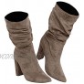 Womens Winter Slouchy High Heel Boots Mid Calf Suede Slip on Chunky Block Pointed Toe Boots