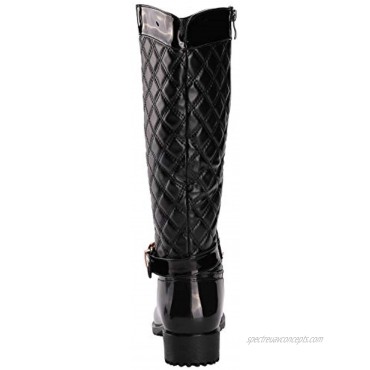 Alexis Leroy Women Motorcycle Knee High Checkered Pattern Side Zip Rubber Rain Boots