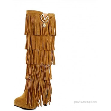 Bubumei Womens Fringe Tassel Stiletto Boots Faux Suede Moccasin High Heel Western Cowboy Knee High Boot