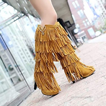 Bubumei Womens Fringe Tassel Stiletto Boots Faux Suede Moccasin High Heel Western Cowboy Knee High Boot