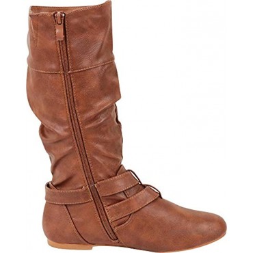 Cambridge Select Women's Wraparound Strappy Buckle Slouch Flat Mid-Calf Boot