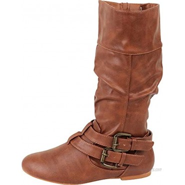 Cambridge Select Women's Wraparound Strappy Buckle Slouch Flat Mid-Calf Boot