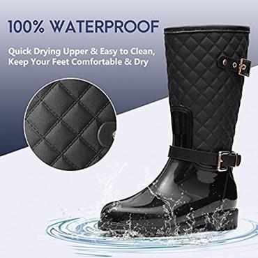 CAMFOSY Rain Boots for Women Womens Tall Rain Boots Knee High Boots Wide Width Waterproof Garden Shoes Rain Footwear with Buckle Stylish Lightweight Outdoor Work Shoes Riding Fishing Black 7 M US