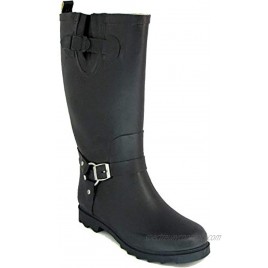 RB Women's Black Rubber Rain Boots Harness Motocycle Mid-calf Wellies Knee High Snow Boots
