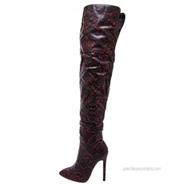 Stupmary Woman Over The Knee High Boots Pointed Toe Snake Print Thigh High Heeled Bootie