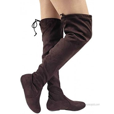 Wells Collection Womens Over The Knee Boots Soft Stretch Faux Suede Flat Heel Brown