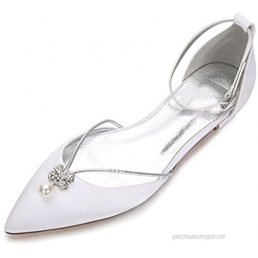 Creativesugar Women Flat Dress Shoes Pointed Toe D'Orsay Ankle Strap with Pearl Crystal Bridal Wedding Flats