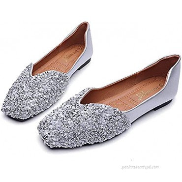 GZXTFDC Women's Flat Shoes Square Rhinestone Fashion Sequin Slip on Soft Bottom Leather Dress Shoes Walking Driving Ballet Wedding Shoes for Bride Low Heel