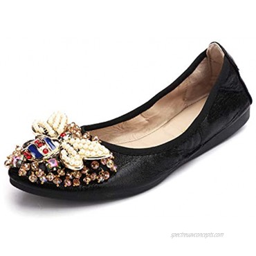 Stylein Women Ballet Flats Rhinestone Bee Ballerina Shoes Foldable Sparkly Comfort Slip on Flat Shoes