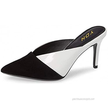 YDN Women Pointed Toe Mid Heel Clogs Mules Slip on Patchwork V Cut Sandals Slide Dress Shoes