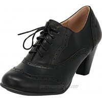 Cambridge Select Women's Lace-Up Closed Round Toe Vintage Inspired Wingtip Stacked Mid Heel Oxford Pump