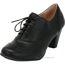 Cambridge Select Women's Lace-Up Closed Round Toe Vintage Inspired Wingtip Stacked Mid Heel Oxford Pump