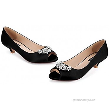 ERIJUNOR Women Comfort Low Kitten Heels Rhinestones Peep Toe Wedding Evening Party Shoes Dress Pumps