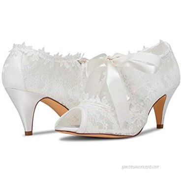 JIAJIA Women's Bridal Shoes 5949419 Peep Toe Cone Heel Lace Satin Pumps Ribbon Tie Wedding Shoes