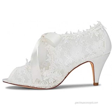 JIAJIA Women's Bridal Shoes 5949419 Peep Toe Cone Heel Lace Satin Pumps Ribbon Tie Wedding Shoes