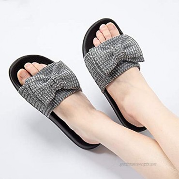 Comfort Flat Sandals for Women Cute Glitter Bow Casual Beach Slip On Dress Shoes Fashion Platform Footbed Slide Slippers Open Toe