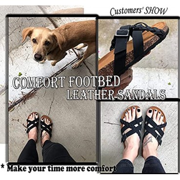 Leopard Leather Cork Footbed Sandals Cute Toe Ring Slip On Flat Slides with Adjustable Buckle For Women Casual Summer Dressy Walking Beach