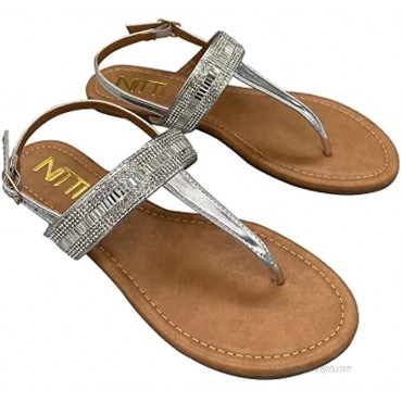 NITTI Women's Flat Thong Sandals | Fashion Rhinestone T-Strap and Adjustable Ankle Buckle Flat Sandals for Women