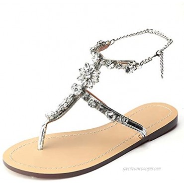 Odema Women's Crystal Diamond Flat Sandals Rhinestone Bohemia Flip Flops Beach T-Strap Shoes
