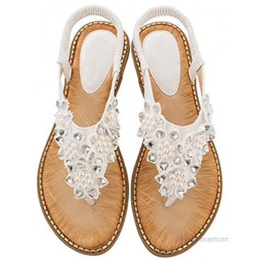 Ruiatoo Flats Sandals for Women Bohemia T-strap Summer Ladies Comfort Sandals with Rhinestone Flower Flip Flops