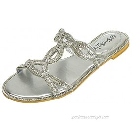 SheSole Women's Sparkle Rhinestone Slides Sandals Flat Summer Beach Wedding Shoes