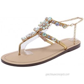 Stupmary Women Flat Sandals Crystal Summer Gladiator Sandals Flip Flops Beach Party Shoes Chains Floral