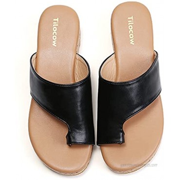 Tilocow Womens Cork Bunion Sandals Platform Bunion Corrector Flat Shoes Comfort Wedge Shoes Toe Ring Slides Flip Flops