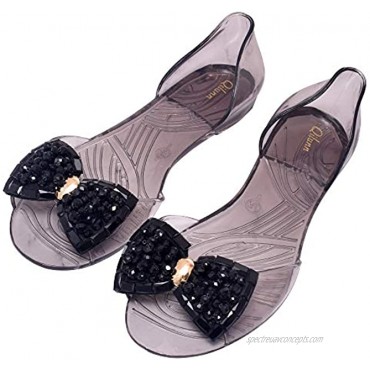 Women's Crystal Sandals Bow Pearl D-orsay Jelly Slip on Outdoor Rain Flats Sandals