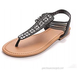 Womens Flat Sandals T-strap Thong Rhinestone Diamond Summer Flip Flops Dressy Sandals with Ankle Strap