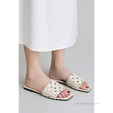 Women's Studded Sandals Flat Square Open Toe Pleather Strap Slides Slip On Casual Shoes