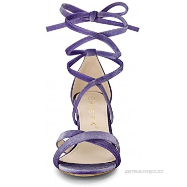 Allegra K Women's Velvet Lace Up Clear Heels Block Heel Sandals