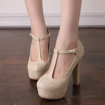 GATUXUS Women's Block High Heel T-Strap Mary Jane Lace Pumps Sandals Dress Wedding Shoes