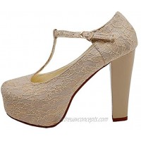 GATUXUS Women's Block High Heel T-Strap Mary Jane Lace Pumps Sandals Dress Wedding Shoes