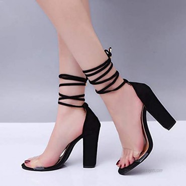 HTTEM Women's Gladiator Ankle Strap Lace Up Open Toe Clear Chunky High Heel Sandals Black