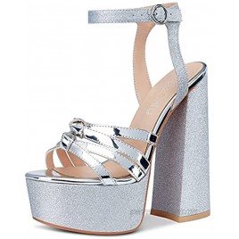 NobleOnly Women's High Heels Platform Ankle Strap Fashion Bling Sandals Open Toe Basic Office Sandal 6 Chunky Heel Shoes