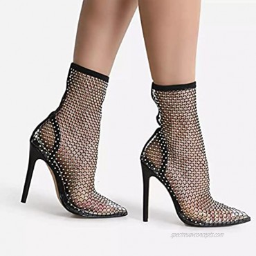 Women Bling Rhinestones Multi Colour Diamante Detail Stiletto Heel Ankle Sock Boot In Black Fishnet Pointed Toe Heeled Sandals Shoes